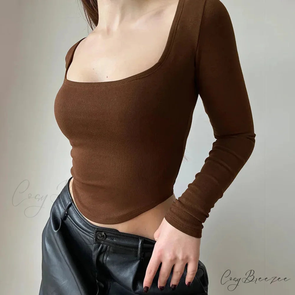 Square Collar Casual Long Sleeve Sweater Brown / S swraters-241228