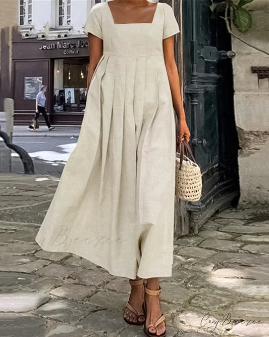 Square Collar Cotton Linen Dress Beige / S