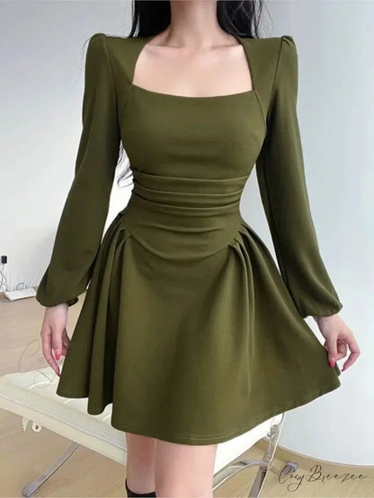 Square Collar Puff Sleeve Elegant Ladies Mini Dress