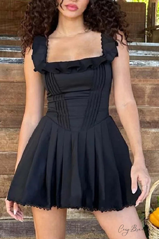 Square Neck Lace Mini Dress Black / S