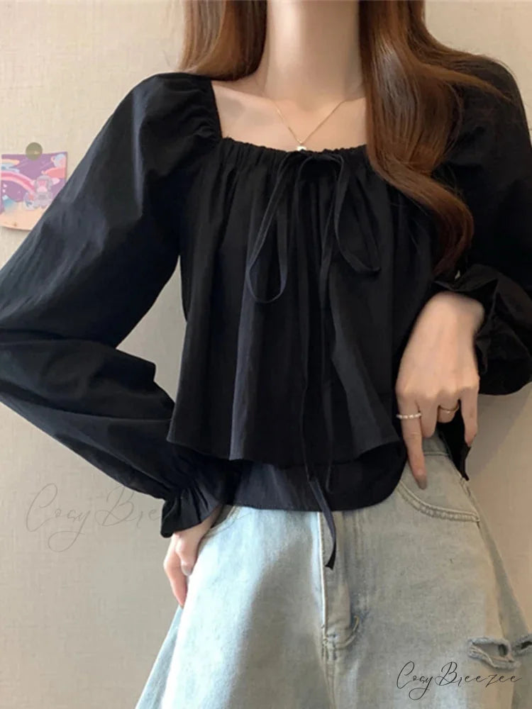 Square-neck Long Puffy Sleeve Frilled Blouse Black / S blouse-250126