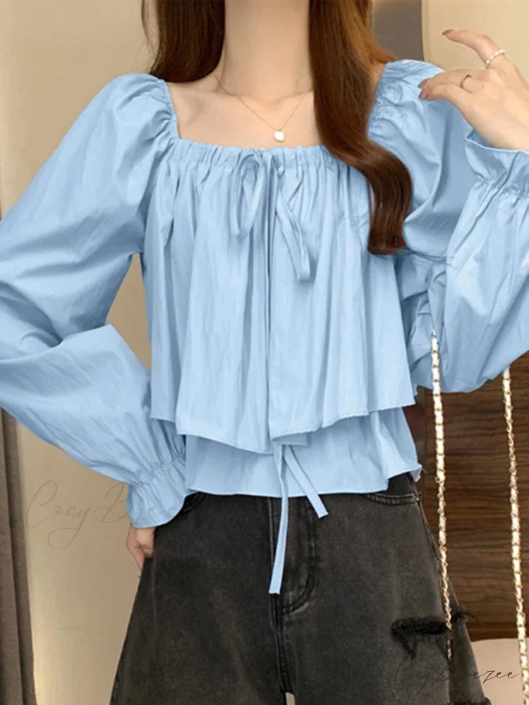 Square-neck Long Puffy Sleeve Frilled Blouse Blue / S blouse-250126