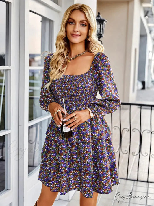 Square Neck Long Sleeve Printed Dress S / red