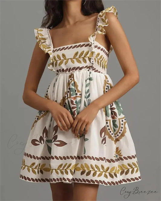 Square Neck Loose Mini Dress white / S minidress-250223