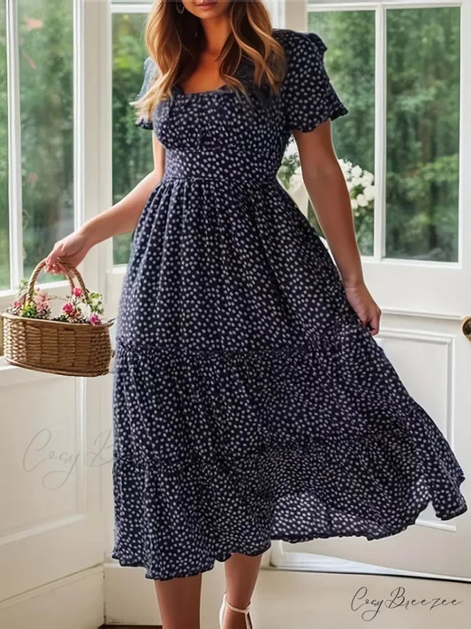 Square Neck Polka Dot Puff Sleeve Dress for Summer S / Blue