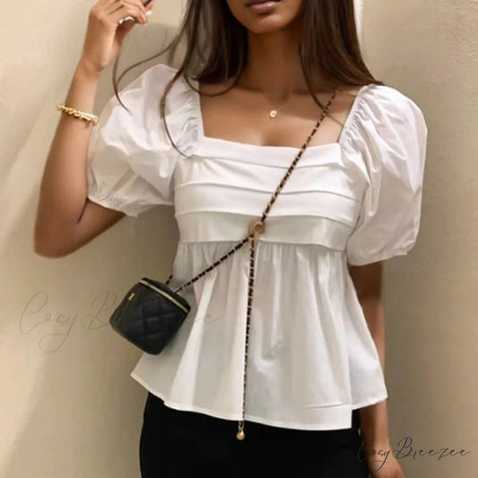 Square Neck Puff Sleeve Casual Pleated White Crop Top blouse-250126