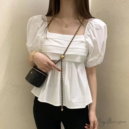 Square Neck Puff Sleeve Casual Pleated White Crop Top blouse-250126