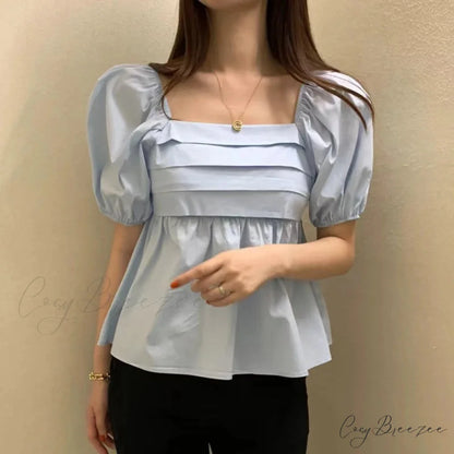 Square Neck Puff Sleeve Casual Pleated White Crop Top blouse-250126