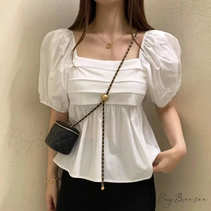 Square Neck Puff Sleeve Casual Pleated White Crop Top WHITE / S blouse-250126