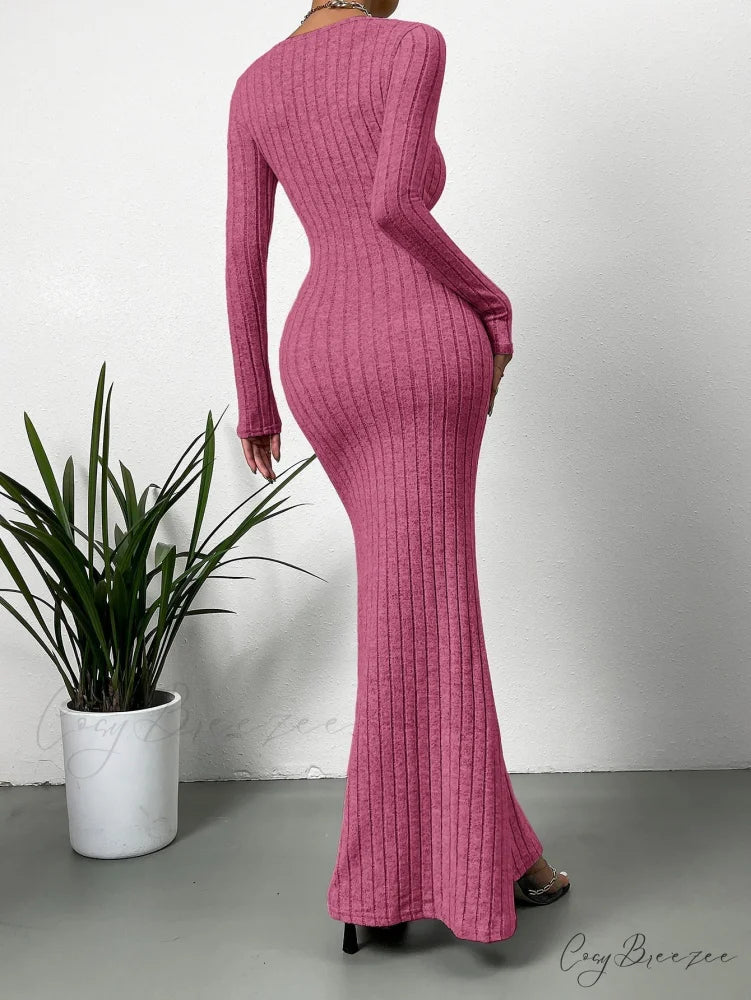 Square Neck Ribbed Knit Mermaid Hem Dress