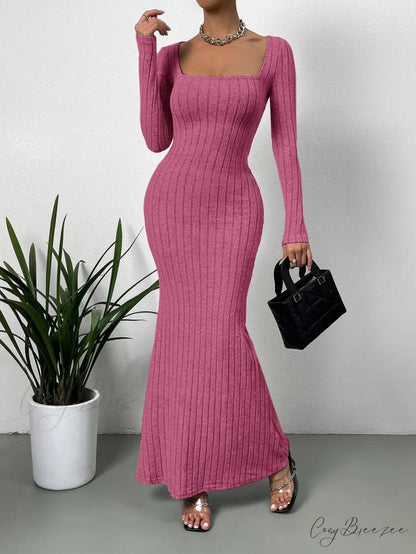 Square Neck Ribbed Knit Mermaid Hem Dress Hot Pink / XS