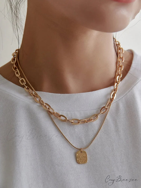 Square Pendant Layered Necklace Yellow Gold / one-size