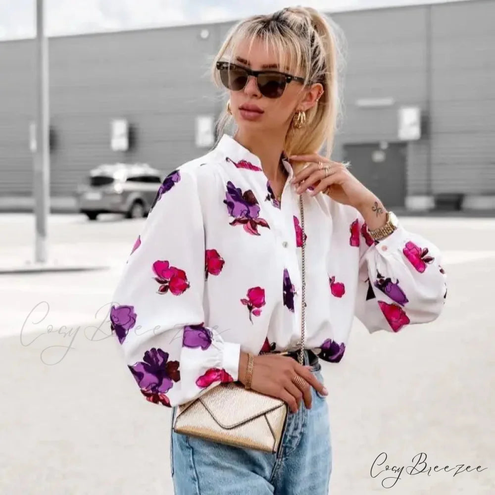 Stand Collar Floral Print Lantern Sleeve Crop Top blouse-250126