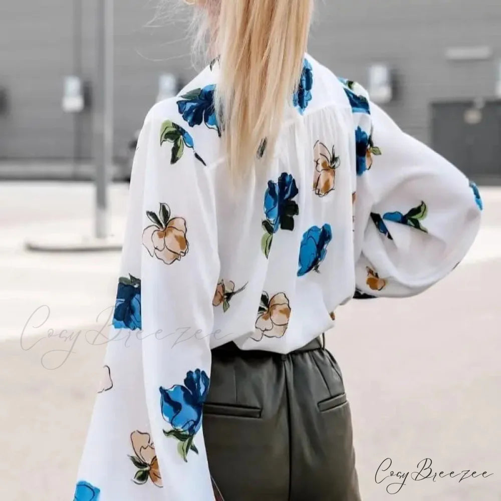 Stand Collar Floral Print Lantern Sleeve Crop Top blouse-250126