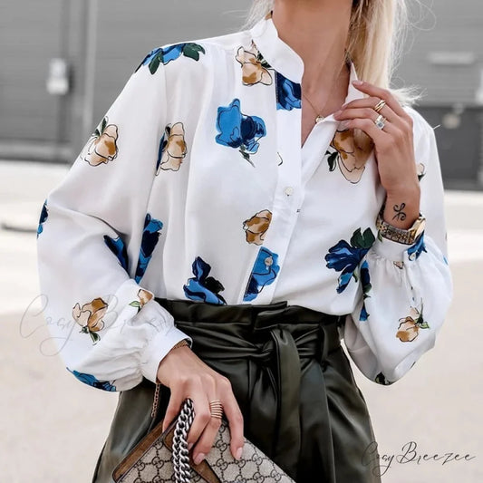 Stand Collar Floral Print Lantern Sleeve Crop Top blouse-250126