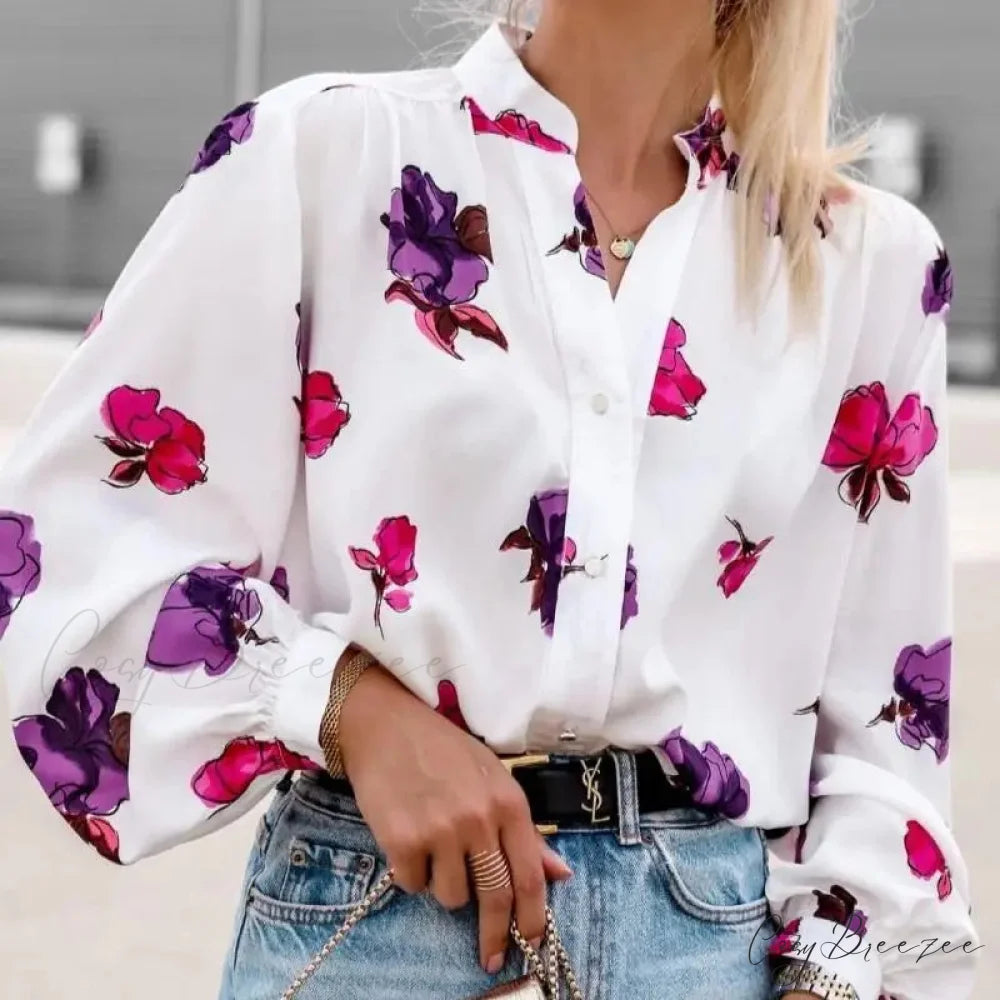 Stand Collar Floral Print Lantern Sleeve Crop Top blouse-250126