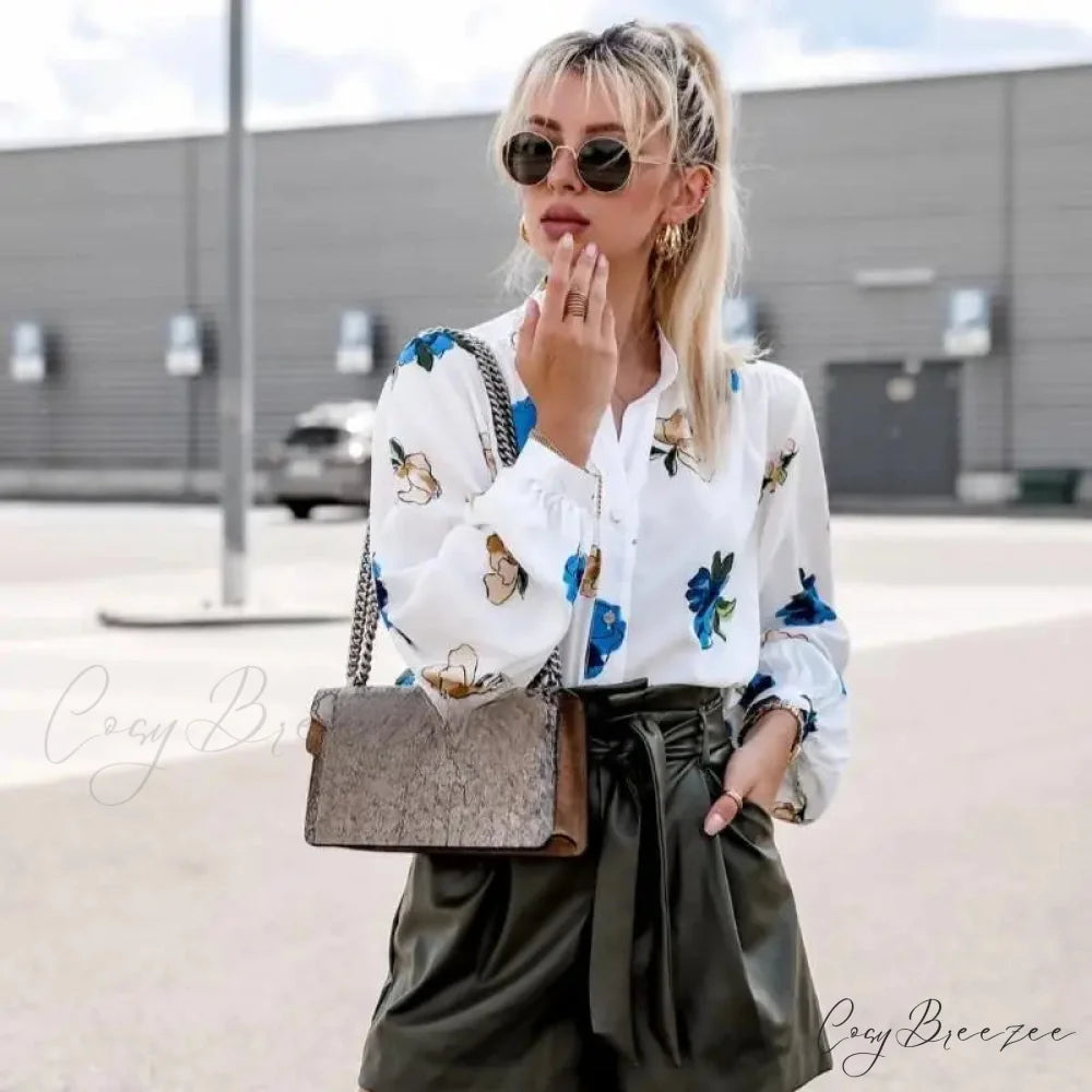 Stand Collar Floral Print Lantern Sleeve Crop Top Blue / S blouse-250126