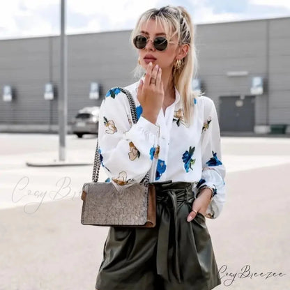 Stand Collar Floral Print Lantern Sleeve Crop Top Blue / S blouse-250126