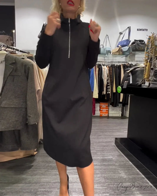 Stand collar zipper dress - solid color Black / S