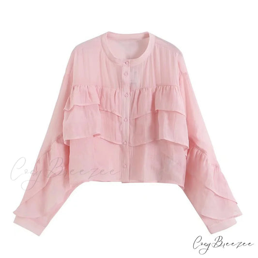 Stand Ruffle Button for Blouse Blouse Neckline Women Pink / XS