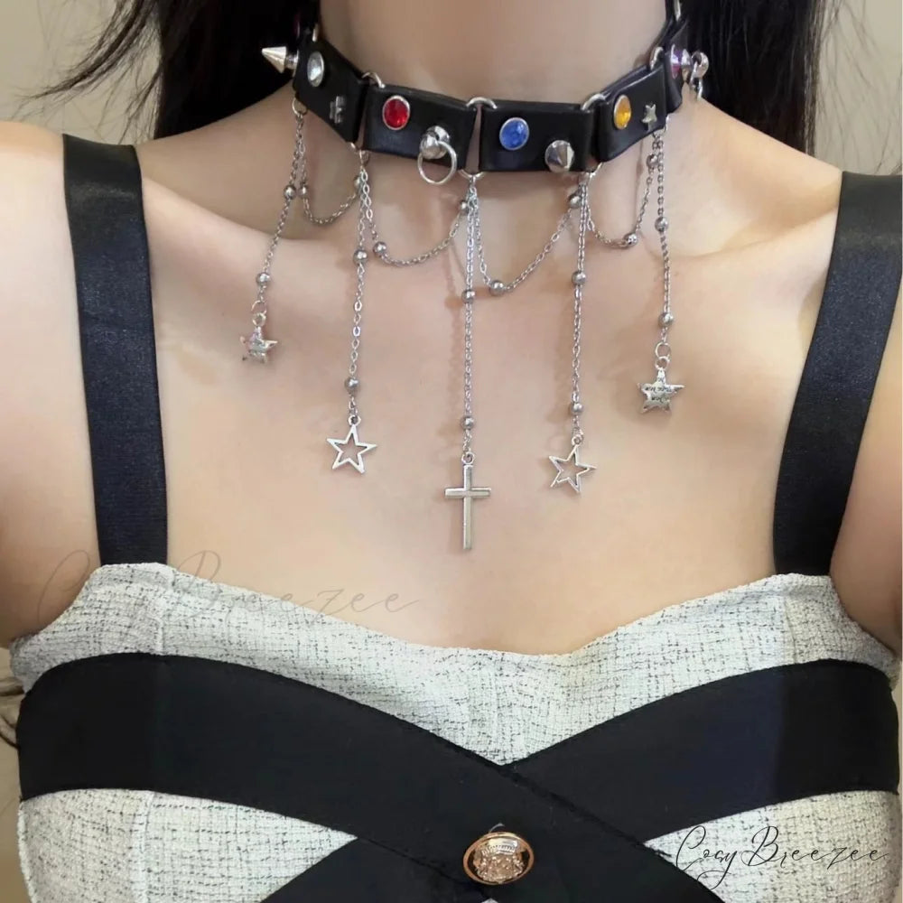 Star Cross Pendant Choker Necklace Y2K Punk Retro Dark Necklace BLACK