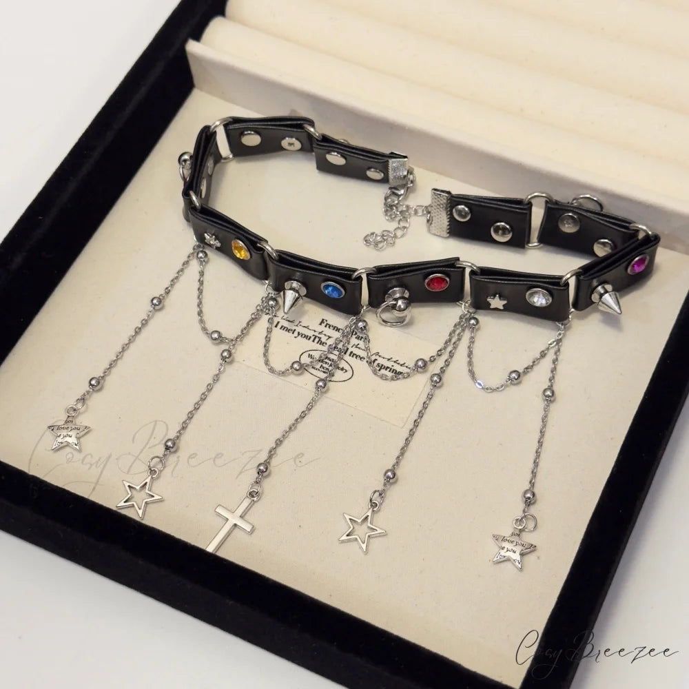 Star Cross Pendant Choker Necklace Y2K Punk Retro Dark Necklace BLACK