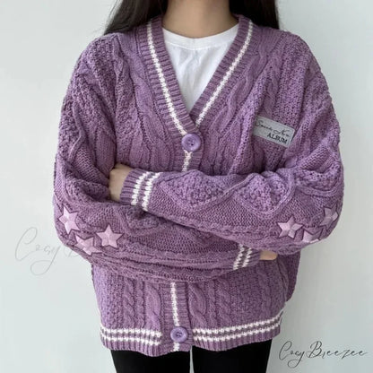Star Embroidered V-neck Cardigan Purple / S cardigans-241228