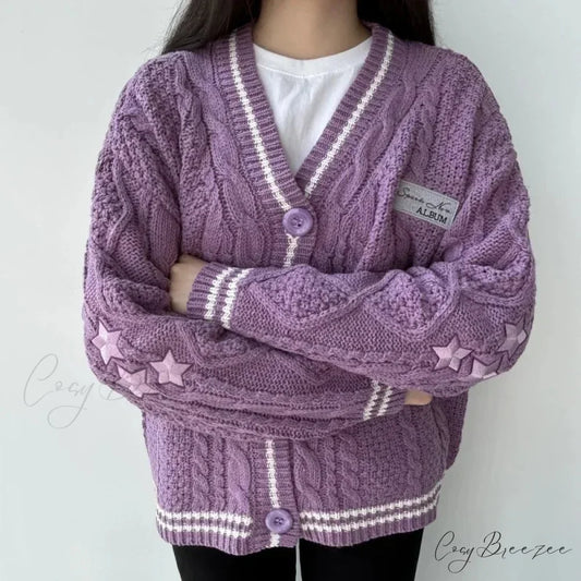 Star Embroidered V-neck Cardigan Purple / S cardigans-241228