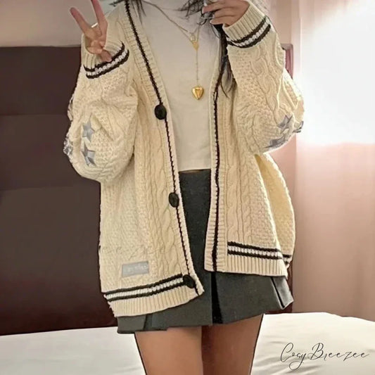 Star Embroidery Knit Button-up Cardigan white / S cardigans-241228