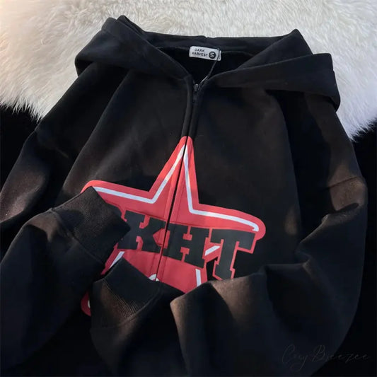 Star Print Retro Zipper Hoodie black / M hoodies-241228