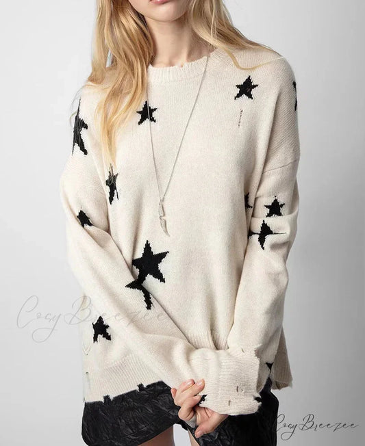 Star Ripped Cashmere Knit Pullover Casual Long Sleeve Knit Top Cream / S knittop-250126