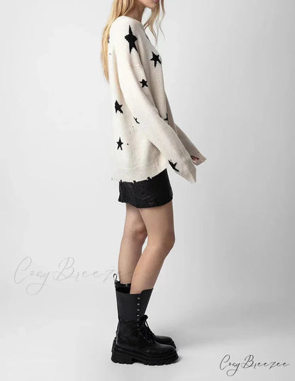 Star Ripped Cashmere Knit Pullover Casual Long Sleeve Knit Top knittop-250126
