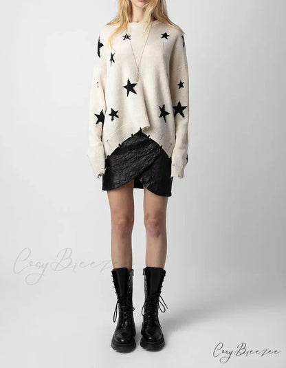 Star Ripped Cashmere Knit Pullover Casual Long Sleeve Knit Top knittop-250126