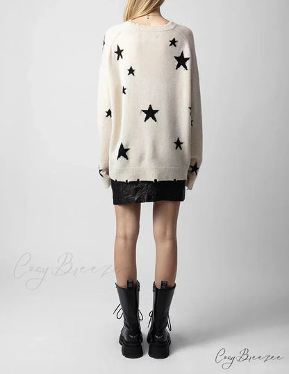 Star Ripped Cashmere Knit Pullover Casual Long Sleeve Knit Top knittop-250126