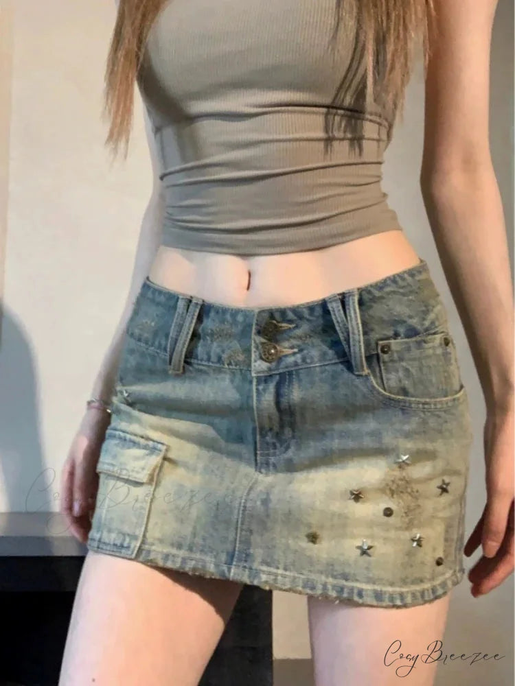 Star Studded Pencil Denim Skirt Blue / S(40-45KG) skirts-250223