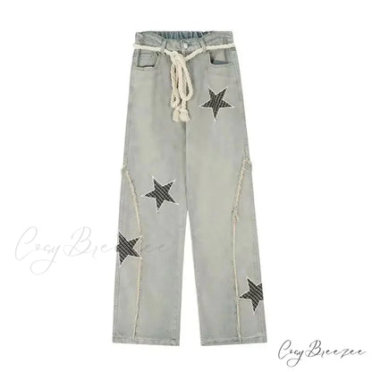 Stars Embroidery High Waist Jeans Pants pants-241228
