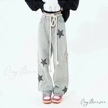 Stars Embroidery High Waist Jeans Pants Light Blue / S pants-241228