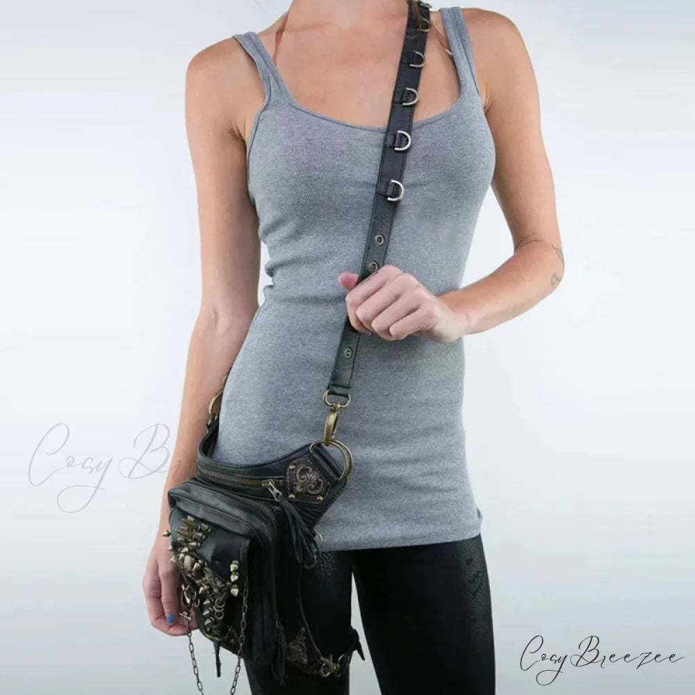 Steam Punk Gothic Waist Leg Hip Belt Mobile Phone Messenger Fanny Bag Black
