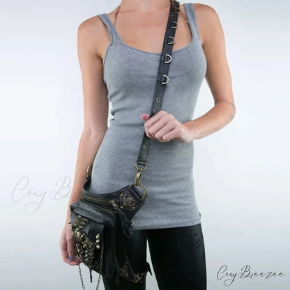 Steam Punk Gothic Waist Leg Hip Belt Mobile Phone Messenger Fanny Bag Black