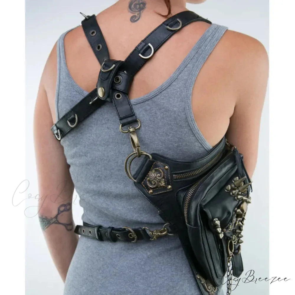 Steam Punk Gothic Waist Leg Hip Belt Mobile Phone Messenger Fanny Bag Black