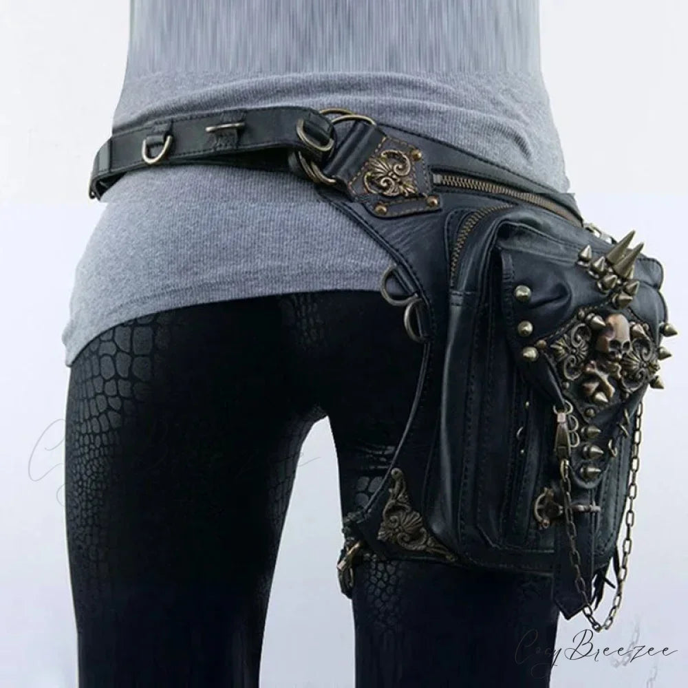 Steam Punk Gothic Waist Leg Hip Belt Mobile Phone Messenger Fanny Bag Black