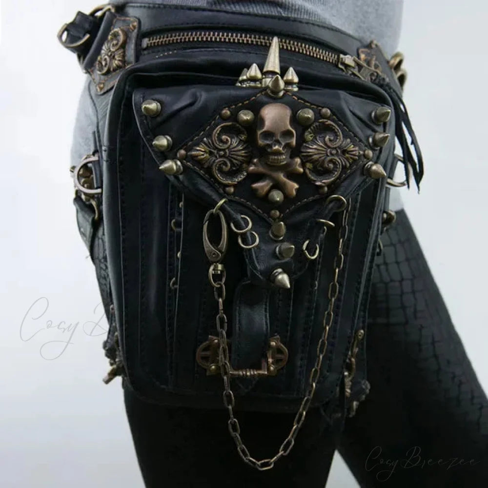 Steam Punk Gothic Waist Leg Hip Belt Mobile Phone Messenger Fanny Bag Black