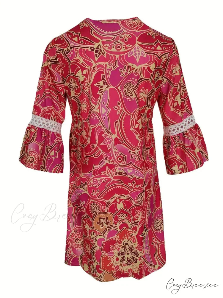 Stitching Lace and Design Gown with V Bohemian Flowered Neck S / White