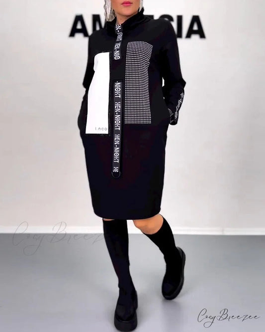 Straight Dress with Drawstring - Casual Black / S