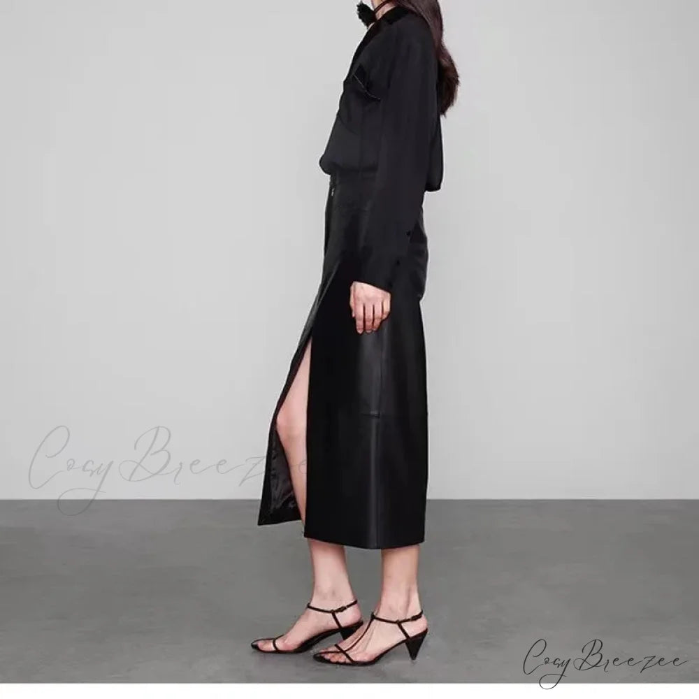 Straight Genuine Sheepskin Black Elegant Long Autumn Winter Skirt