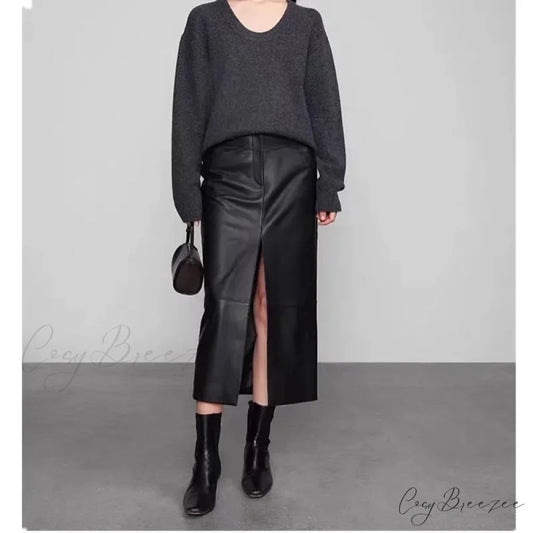 Straight Genuine Sheepskin Black Elegant Long Autumn Winter Skirt