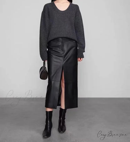 Straight Genuine Sheepskin Black Elegant Long Autumn Winter Skirt BLACK / S