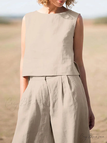 Straight Wide Set + for O-Neck Pants Two Blouse Sleeveless Solid Piece Top Color Vintage Suit Leg Women