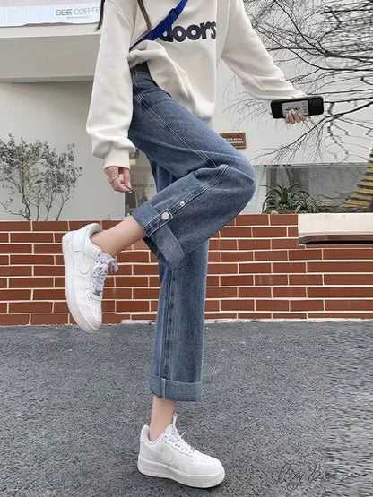 Straight Women’s Spring New Scheming Design Niche High Waist Thin Retro Wide Leg Jean Blue / S