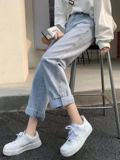 Straight Women’s Spring New Scheming Design Niche High Waist Thin Retro Wide Leg Jean Light Grey / S
